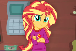Size: 6000x4000 | Tagged: safe, artist:spottedlions, sunset shimmer, equestria girls, g4, absurd resolution, clothes, crossed arms, cute, female, looking at you, pajamas, shimmerbetes, smiling, solo, sunset's apartment