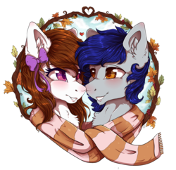 Size: 2666x2584 | Tagged: safe, artist:serenity, derpibooru exclusive, oc, oc only, oc:scratche aux, oc:serenity, g4, autumn, auxenity, blushing, bow, clothes, cute, female, heart, high res, imminent kissing, leaves, looking at each other, male, oc x oc, romantic, scarf, shared clothing, shared scarf, shipping, straight, wingding eyes