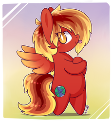Size: 1778x1932 | Tagged: safe, artist:dsp2003, oc, oc only, oc:sky flare, pegasus, pony, semi-anthro, bipedal, chibi, crossed hooves, female, mare, piercing, raspberry, simple background, smiling, solo, style emulation, tongue out, wing piercing