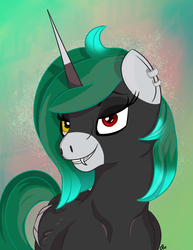Size: 1275x1650 | Tagged: safe, artist:overlord pony, oc, oc only, alicorn, pony, abstract background, alicorn oc, commission, ear piercing, earring, female, happy, heterochromia, jewelry, looking at you, mare, piercing, smiling, solo