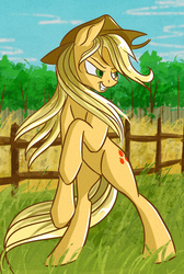Size: 1902x2832 | Tagged: safe, artist:akweer, applejack, earth pony, pony, g4, applejack's hat, cowboy hat, female, fence, hat, loose hair, mare, rearing, solo, tree