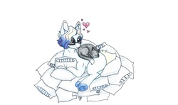 Size: 2880x1702 | Tagged: safe, artist:tillie-tmb, oc, oc only, oc:silly scribbles, cat, pony, unicorn, female, glasses, heart, mare, pillow, prone, traditional art