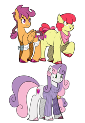 Size: 2500x3600 | Tagged: safe, artist:heyerika, apple bloom, scootaloo, sweetie belle, earth pony, pegasus, pony, unicorn, g4, chubby, chubby bloom, clothes, cutie mark crusaders, ear piercing, earring, female, high res, jewelry, mare, neckerchief, older, older apple bloom, older scootaloo, older sweetie belle, open mouth, piercing, raised hoof, simple background, smiling, sweater, tail wrap, torn ear, trio, unshorn fetlocks, white background