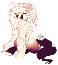 Size: 1551x1758 | Tagged: safe, artist:azure-art-wave, oc, oc only, oc:soulful sonnet, earth pony, pony, female, flower, flower in hair, flower in tail, mare, simple background, sitting, solo, transparent background