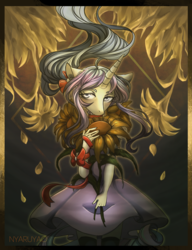Size: 1000x1300 | Tagged: safe, artist:klaffycloudy, oc, oc only, oc:sweetie breeze, unicorn, anthro, anthro oc, bow, clothes, dress, female, flower, solo, stockings, sunflower, thigh highs