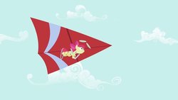 Size: 993x559 | Tagged: safe, screencap, apple bloom, g4, the cutie pox, cutie pox, frown, hang glider, hang gliding, plate spinning