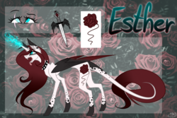 Size: 1024x683 | Tagged: safe, artist:ravenia-morelli, oc, oc only, oc:esther, alicorn, pony, alicorn oc, dagger, leonine tail, red and black oc, reference sheet, solo, weapon