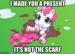 Size: 477x348 | Tagged: safe, edit, edited screencap, screencap, sweetie belle (g3), g3, g3.5, newborn cuties, over two rainbows, caption, clothes, implied poop, implied sweetiepoo, mud, out of context, scarf, text