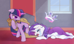 Size: 1280x768 | Tagged: safe, artist:kkmrarar, clover the clever, princess platinum, rarity, twilight sparkle, pony, g4, clothes, crown, crying, duo, eyes closed, female, floppy ears, glowing horn, horn, jewelry, levitation, lying down, magic, magic aura, mare, marshmelodrama, messy mane, open mouth, raised hoof, regalia, telekinesis