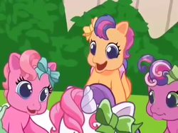 Size: 426x320 | Tagged: safe, screencap, cheerilee (g3), pinkie pie (g3), scootaloo (g3), sweetie belle (g3), g3, g3.5, newborn cuties, over two rainbows