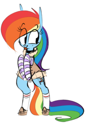Size: 769x1124 | Tagged: safe, artist:hattsy, rainbow dash, pony, g4, bipedal, boots, clothes, cute, female, jacket, shoes, socks, solo, striped socks, tongue out