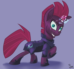 Size: 2324x2160 | Tagged: safe, artist:sintakhra, tempest shadow, pony, unicorn, g4, my little pony: the movie, broken horn, evil grin, eye scar, female, grin, happy, high res, horn, looking at you, mare, pretty pretty tempest, raised hoof, scar, scary face, silly little ponies, smiling, solo, sparking horn