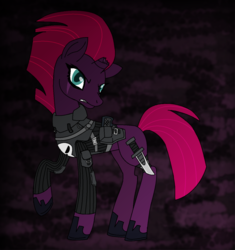 Size: 1273x1357 | Tagged: safe, artist:selkina2000, tempest shadow, pony, unicorn, g4, my little pony: the movie, broken horn, clothes, eye scar, female, gritted teeth, horn, knife, looking at you, mare, marvel, punisher, raised hoof, raised leg, scar, solo