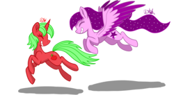 Size: 2000x1096 | Tagged: safe, artist:chelseawest, oc, oc only, oc:apple p. magic, oc:starry skies, pegasus, pony, unicorn, female, flying, mare, running, simple background, transparent background