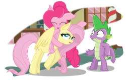 Size: 1629x1083 | Tagged: safe, artist:dsfranch, fluttershy, pinkie pie, spike, dragon, pony, g4, hug