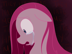 Size: 2000x1500 | Tagged: safe, artist:dippin-dott, pinkie pie, earth pony, pony, g4, abstract background, crying, female, floppy ears, mare, pinkamena diane pie, profile, solo