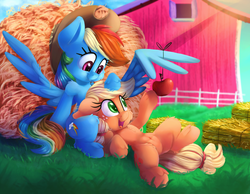 Size: 3000x2329 | Tagged: safe, artist:discorded, applejack, rainbow dash, pony, g4, accessory swap, apple, applejack's hat, barn, cowboy hat, female, food, freckles, happy, hat, hay, high res, lesbian, looking down, looking up, lying down, mare, on back, open mouth, ship:appledash, shipping, sitting, smiling, sweet apple acres