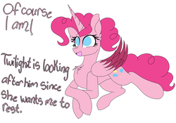 Size: 1280x897 | Tagged: safe, artist:tomboygirl45, pinkie pie, alicorn, pony, princessponk, g4, alicornified, ask, colored wings, female, multicolored wings, pinkiecorn, prone, race swap, solo, tumblr, xk-class end-of-the-world scenario
