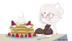 Size: 1024x576 | Tagged: safe, artist:saratory, oc, oc only, pony, blueberry, female, food, fork, glasses, mare, pancakes, solo, strawberry, whipped cream