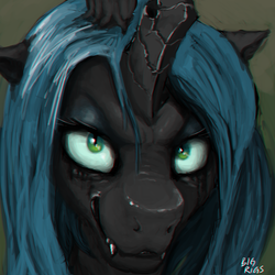 Size: 1000x1000 | Tagged: source needed, safe, artist:bigrigs, queen chrysalis, changeling, changeling queen, g4, chromatic aberration, close-up, evil smile, fangs, female, grin, looking at you, smiling, solo