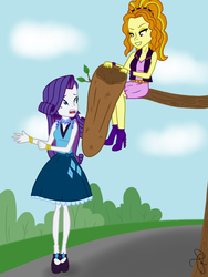 Size: 768x1024 | Tagged: safe, artist:ilaria122, adagio dazzle, rarity, equestria girls, g4, bag, boots, caught, clothes, high heel boots, open mouth, requested art, shoes, sitting, skirt, tree branch