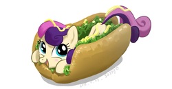 Size: 1473x767 | Tagged: safe, artist:soshyqqq, bon bon, sweetie drops, earth pony, pony, g4, adorabon, blushing, bonpun, cute, female, food, happy, hot dog, looking at you, looking up, mare, meat, open mouth, prone, pun, sausage, sausage pony, simple background, smiling, white background