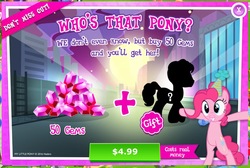 Size: 937x630 | Tagged: safe, gameloft, pinkie pie, earth pony, pony, g4, advertisement, bipedal, costs real money, female, gem, greed, greedloft, hat, mare, mysterious pony, party hat, silhouette, unidentified pony