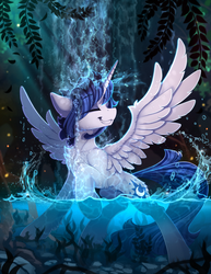 Size: 1930x2500 | Tagged: safe, artist:yakovlev-vad, oc, oc only, oc:prince nova, alicorn, pony, alicorn oc, chest fluff, eyes closed, male, raised hoof, showering, smiling, solo, spread wings, stallion, water, waterfall, waterfall shower, wet mane, wings