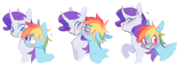 Size: 1981x762 | Tagged: safe, artist:xenon, rainbow dash, rarity, pegasus, pony, unicorn, g4, blushing, cheek kiss, curved horn, cute, ear fluff, eyes closed, female, floppy ears, heart, horn, kissing, lesbian, looking away, mare, no pupils, one eye closed, ship:raridash, shipping, simple background, smiling, sweat, tongue out, tsunderainbow, tsundere, white background