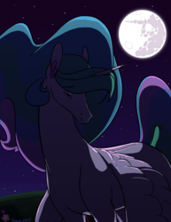 Size: 850x1100 | Tagged: safe, artist:bacon-doodles, princess celestia, alicorn, pony, g4, eyes closed, female, mare in the moon, moon, night, sad, solo