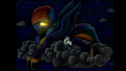 Size: 1920x1080 | Tagged: safe, artist:julunis14, rainbow dash, pegasus, pony, g4, clothes, cloud, costume, female, glowing eyes, goggles, mare, night, shadowbolts costume, solo, stars, traditional art