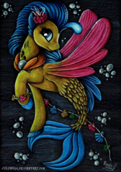 Size: 1280x1816 | Tagged: safe, artist:julunis14, princess skystar, seapony (g4), g4, my little pony: the movie, bubble, dark, female, fins, fish tail, flower, flower in hair, freckles, jewelry, necklace, pearl necklace, seashell, smiling, solo, traditional art, underwater, water, wings