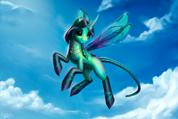 Size: 1600x1067 | Tagged: safe, artist:l1nkoln, oc, oc only, pony, cloud, commission, female, flying, insect wings, mare, sky, solo, spread wings, tail, wings