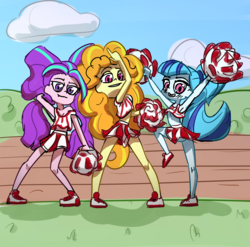 Size: 3144x3108 | Tagged: safe, artist:rockset, adagio dazzle, aria blaze, sonata dusk, equestria girls, g4, armpits, blushing, cheerleader, clothes, high res, looking at you, midriff, sideass, skirt, smiling, sports bra, the dazzlings