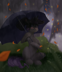 Size: 626x720 | Tagged: safe, artist:chibadeer, oc, oc only, oc:lavrushka, pony, unicorn, female, leaf, mare, rain, sitting, solo, umbrella