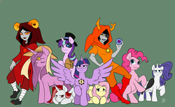 Size: 2808x1728 | Tagged: source needed, safe, artist:tabula-rasa, fluttershy, pinkie pie, rarity, starlight glimmer, twilight sparkle, oc, alicorn, cyborg, earth pony, pegasus, pony, unicorn, fanfic:songs of the spheres, fanfic:the influence, g4, aradia megido, crossover, fanfic, fanfic art, frying pan, homestuck, hood, troll (homestuck), twilence, twilight sparkle (alicorn), vriska serket