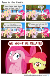 Size: 1336x2000 | Tagged: safe, artist:perplexedpegasus, apple bloom, fluttershy, pinkie pie, sweetie belle, earth pony, pegasus, pony, unicorn, g4, comic, contemplating insanity, family, misspelling, pinkamena diane pie, snapple bloom