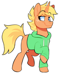 Size: 637x800 | Tagged: safe, artist:deerspit, oc, oc only, oc:jai heart, pony, unicorn, 2018 community collab, derpibooru community collaboration, clothes, hoodie, simple background, solo, transparent background