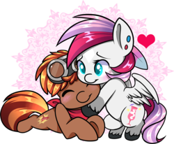 Size: 1803x1483 | Tagged: safe, artist:xwhitedreamsx, oc, oc only, oc:ramshackle, oc:rouge swirl, earth pony, pegasus, pony, blushing, chibi, colt, commission, cute, duo, ear piercing, eyes closed, female, filly, foal, goggles, heart, hug, male, ocbetes, piercing, simple background, transparent background, ych result