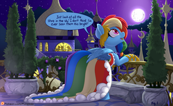 Size: 1301x800 | Tagged: safe, artist:pusspuss, part of a set, rainbow dash, pegasus, pony, comic:rainbow dash and you attend the gala, g4, balcony, clothed ponies, clothes, comic, cute, dashabetes, dialogue, dress, explicit source, female, gala dress, mare, moon, night, open mouth, patreon, patreon logo, silhouette, solo, speech bubble