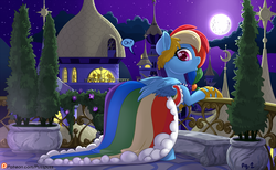Size: 1301x800 | Tagged: safe, artist:pusspuss, part of a set, rainbow dash, pegasus, pony, comic:rainbow dash and you attend the gala, g4, balcony, clothed ponies, clothes, comic, dialogue, dress, explicit source, female, gala dress, looking at you, mare, moon, night, open mouth, patreon, patreon logo, silhouette, solo, speech bubble