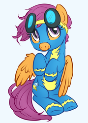 Size: 3222x4500 | Tagged: safe, artist:buttercupsaiyan, color edit, edit, scootaloo, pegasus, pony, g4, aviator goggles, clothes, colored, cute, cutealoo, female, filly, goggles, monochrome, simple background, solo, uniform, wings, wonderbolts uniform