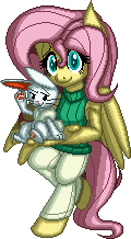Size: 120x218 | Tagged: safe, artist:enzomersimpsons, angel bunny, fluttershy, anthro, g4, clothes, female, holding, leaning, looking at you, pants, pixel art, simple background, solo, sweater, sweater vest, sweatershy, transparent background, turtleneck, wings