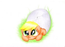 Size: 1024x744 | Tagged: safe, artist:rurihal, part of a set, applejack, earth pony, pony, g4, blank flank, cute, egg, female, filly, floppy ears, grass, hatching, jackabetes, looking at you, looking up, prone, solo, traditional art, younger
