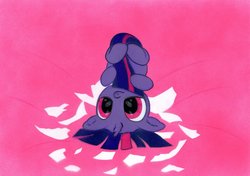 Size: 1024x722 | Tagged: safe, artist:rurihal, part of a set, twilight sparkle, pony, unicorn, g4, blank flank, cute, egg, female, filly, hatching, hug, solo, tail hug, traditional art, twiabetes, upside down, younger