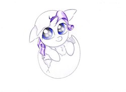 Size: 1024x744 | Tagged: safe, artist:rurihal, part of a set, rarity, pony, unicorn, g4, blank flank, cute, egg, female, filly, hatching, looking up, raribetes, solo, traditional art, younger