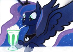 Size: 1024x721 | Tagged: safe, artist:rurihal, princess luna, alicorn, pony, g4, bubbling, bust, drink, drinking straw, female, jewelry, looking at something, regalia, silly, silly pony, solo, spread wings, traditional art, wings