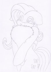 Size: 1024x1450 | Tagged: safe, artist:rurihal, fluttershy, pegasus, pony, semi-anthro, g4, bipedal, chest fluff, female, floppy ears, fluffershy, folded wings, grayscale, impossibly large chest fluff, lineart, monochrome, pencil drawing, pose, simple background, solo, traditional art, wings