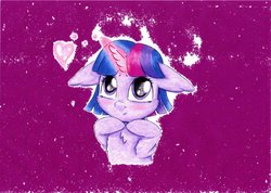 Size: 1024x728 | Tagged: safe, artist:rurihal, twilight sparkle, pony, unicorn, g4, bust, female, floating heart, floppy ears, glowing horn, heart, hooves to the chest, hooves together, horn, looking at something, looking up, magic, portrait, solo, traditional art