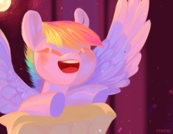 Size: 2206x1715 | Tagged: safe, artist:utauyan, rainbow dash, pegasus, pony, g4, bust, eyes closed, female, mare, open mouth, portrait, smiling, solo, spread wings, wings